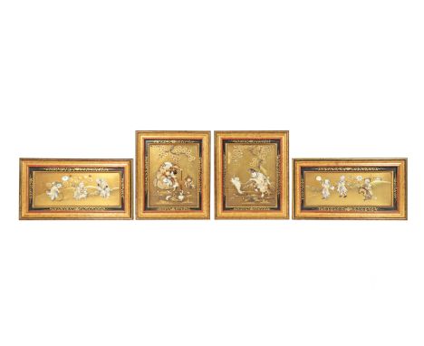 λ A SET OF FOUR JAPANESE SHIBAYAMA-STYLE PANELS MEIJI 1868-1912 Decorated with inlays in ivory, mother of pearl and coral on 