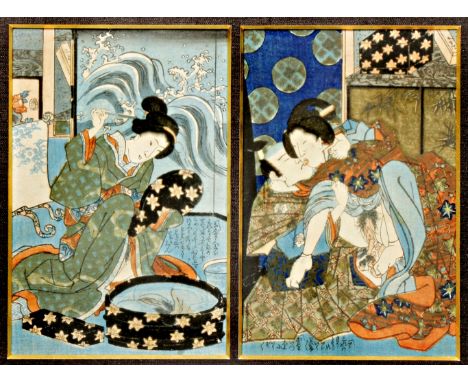 SEVEN JAPANESE EROTIC WOODBLOCK PRINTS, SHUNGA EDO AND MEIJI PERIODS Six depicting couples engaged in daily activities, the s