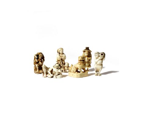 λ FIVE JAPANESE IVORY NETSUKE EDO AND MEIJI PERIOD One a shishi on a triangular base; another a reclining oni with a sake cup