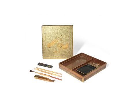 A JAPANESE GOLD LACQUER WRITING BOX AND COVER, SUZURIBAKO EDO/MEIJI PERIOD Of rectangular shape, the overlapping cover painte