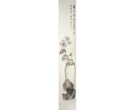 A JAPANESE SCROLL PAINTING, KAKEMONO EDO/MEIJI PERIOD In ink and colour on paper, depicting a spray of chrysanthemum in a tal