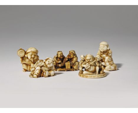 λ FIVE JAPANESE IVORY NETSUKE MEIJI 1868-1912 Four of them depicting Gods of Good Fortune (Ebisu and Daikoku), the fifth with