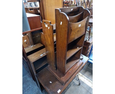 Two oak bookcases, an oak book trough and an oak magazine rack/bookcases 