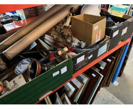 Three boxes of mixed items including marbles, Staffordshire figure, Goebel figures, brass firegrate front, blue and white pot