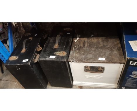 Three wooden toolboxes and contents, oil lamp and brass bucket 