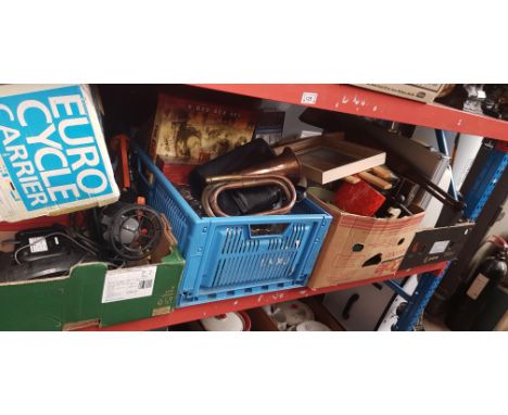 Five boxes of mixed items including a copper and brass bugle, pictures, glass ware, pottery, retractable clothes line, car bi