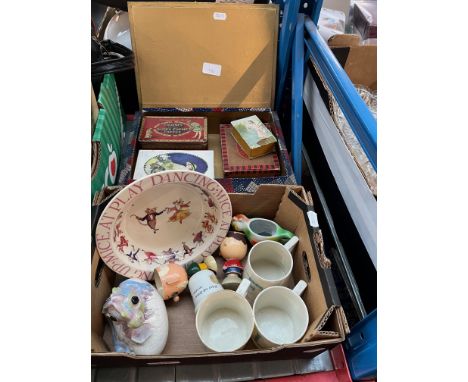 A mixed lot comprising Art Deco jewellery box, vintage tins &amp; boxes, children's ceramics including Emma Bridgewater, W H 