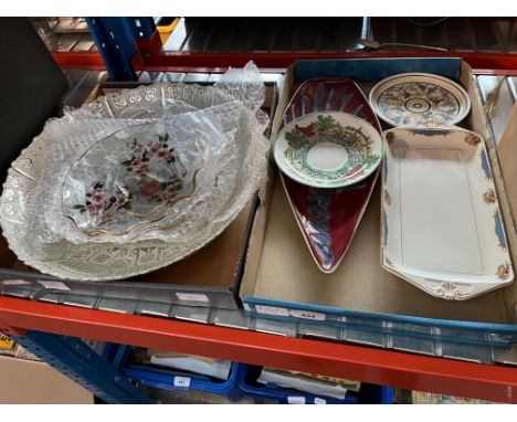 A box of glass plates and a glass dish, and a box containing Poole shallow dish, Denby floral plate, Crown Devon plate and a 