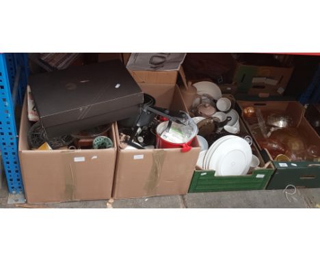 4 boxes of mixed glass ware, pottery, kitchenalia, clock and an ammo tin containing tools etc 