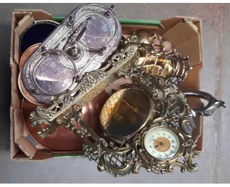 Assorted metal ware including a brass clock etc. 