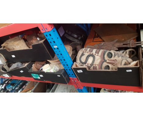 Four boxes of mixed items including copper bugle, metalware, large collection of treen and carvings including eastern figures