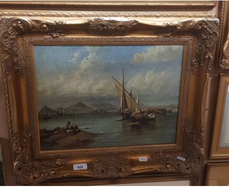 After C Stanfield (1793-1867), oleograph, coastal scene with boats, 39.5cm x 29cm, gilt frame, 55.5cm x 45cm. 