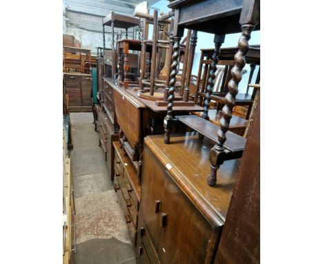 Various items of furniture; rocking chair, rustic stools, oak trolleys, folding card tables, oak sideboard, oak dressing tabl