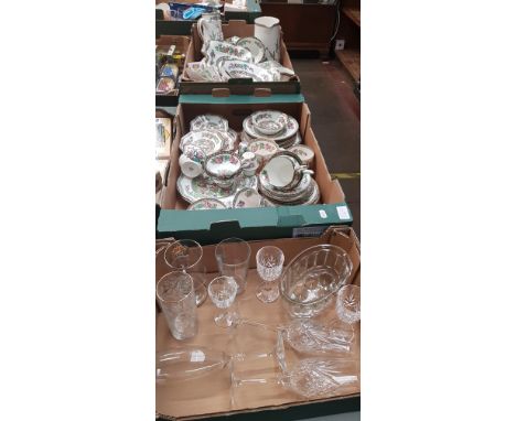 A quantity of Coalport and Spode Indian Tree dinner ware and a box of glassware 