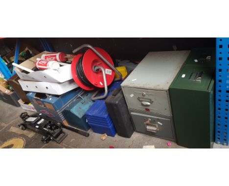 A quantity of garage ware to include 2 ton trolley jack, 2 cable reels, bike parts, metal drawers, cordless drill set, box of