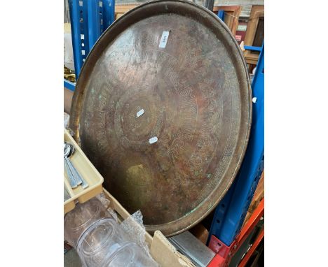 An Eastern brass charger, 57.5cm diameter together with a light up picture 
