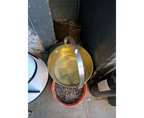 A mixed lot of metalware comprising brass jam pan, ammunition box and two buckets of nails. 