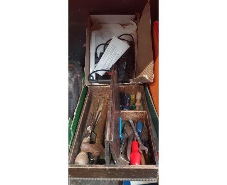 A wooden box of tools and a Black &amp; Decker single speed hammer drill 
