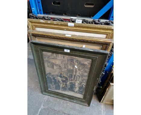 Various antique prints and lithographs together with a framed display of collector's cards 'The Army Regimental Collection'.