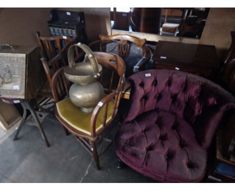 Various items of furniture; a Victorian button back bedroom chair, a mahogany chest of drawers, an oak bookcase containing th