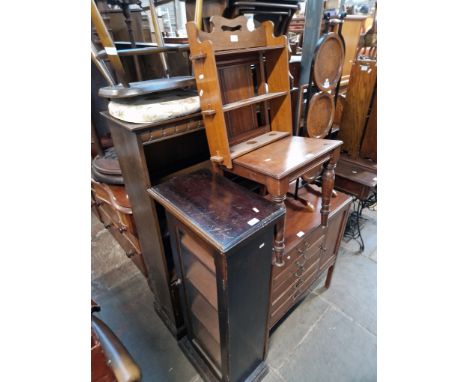 A mixed lot comprising Edwardian mahogany music cabinet, glazed bookcase, Edwardian chair and a spice rack/shelving unit. 