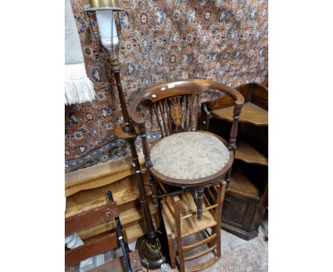 A mixed lot comprising Edwardian tub chair, pair of rush seat chairs and a mahogany standard lamp. 