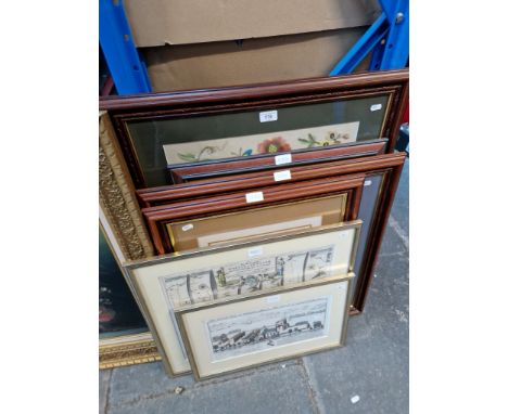 Four needlework pictures and two antique prints relating to Lancashire, all framed and glazed. 