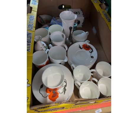 A mixed lot of ceramics and glass including Wedgwood Susie Cooper 'Corn Poppy' part tea set (18 pieces), two other pieces of 