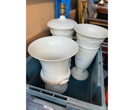 A box containing a Wedgwood white Campagna + embossed Queensware table lamp &amp; a trumpet vase 