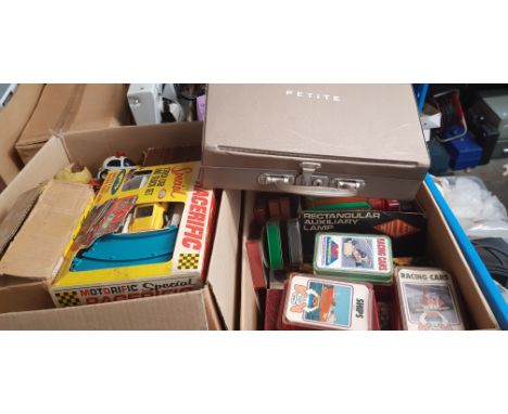 2 boxes of vintage toys, puzzles and boards games to include blue peter, racing car game, puppet, Snooker Express by Subbuteo