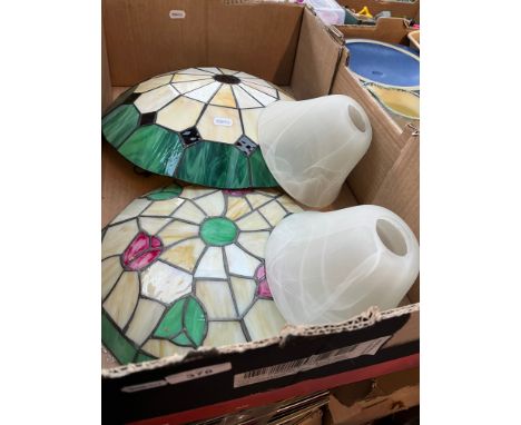 Two Tiffany style ceiling light shades and a pair of glass wall light shades. 