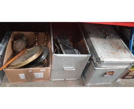 Two aluminium cases, one including short wave radio, other includes radio and tools and a box of brassware including porthole