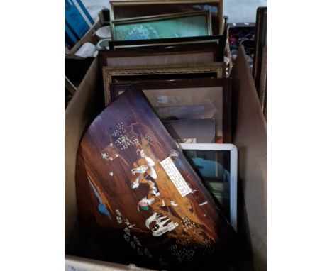 A box of pictures and prints to include William Russell Flint print, inlaid rosewood panel, gilt frame, etc. 