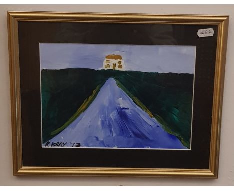 An original oil painting on paper, white cottage, signed 'R KRAY 73', 25cm x 17.5cm, stamped 'HM PRISON PARKHURST NEWPORT IOW