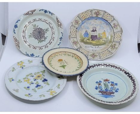 Five various late 18th/early 19th century Delftware and French faience ware plates, (5)&nbsp;
