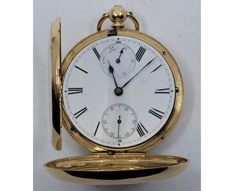 An 18ct. gold full hunter chronometer pocket watch,&nbsp;key wind, having white enamel Roman numeral dial with outer minutes 