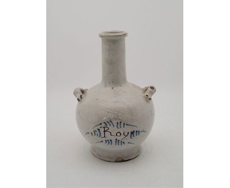 An early 18th century English Delftware twin handled bottle, underglaze painted "Roy", height 18.7cm.Condition note:loss of g