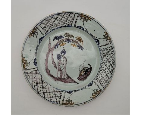 An 18th century Bristol Delftware plate, painted in colours, diameter 23cm, height 3.1cm.Condition note: one hairline running