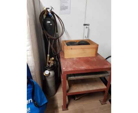 2 GAS BOTTLES GAUGES AND TORCH AND WELDERS BENCH