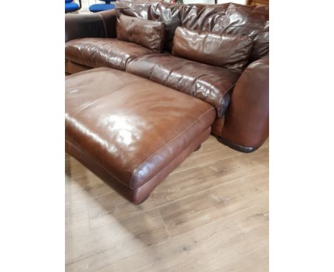 LOVELY BROWN LEATHER 3 SEATER SOFA WITH MATCHING POUFFE