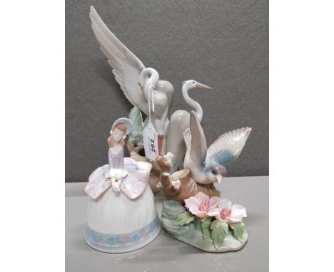 LLADRO BIRD FIGURE AND LADY BELL PLUS NAO CRANES FIGURE