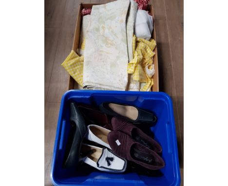 BOX OF LADYS SHOES AND BOX OF FLORAL PATTERNED CURTAINS ETC