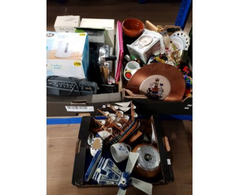 3 BOXES OF MISC INCLUDING BAROMETER CHINA CLOCK AND BOXED KITCHEN APPLIANCES ETC