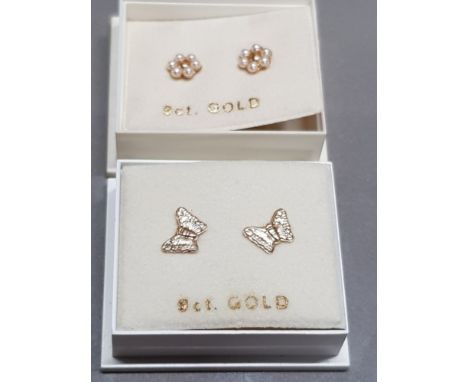 2 9CT GOLD EARRINGS BUTTERFLY AND PEARL DESIGN