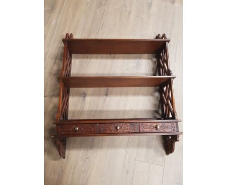 EXOTIC HARDWOOD VICTORIAN STYLE 3 TIER OVER 3 DRAWER WALL SHELF