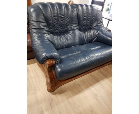 BLUE LEATHER 2 SEATER DROP IN SOFA ON WOOD BASE