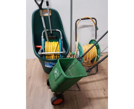 EASY GO MULTI PURPOSE CART AND GARDEN TOOLS PLUS 2 HOSES ON REELS