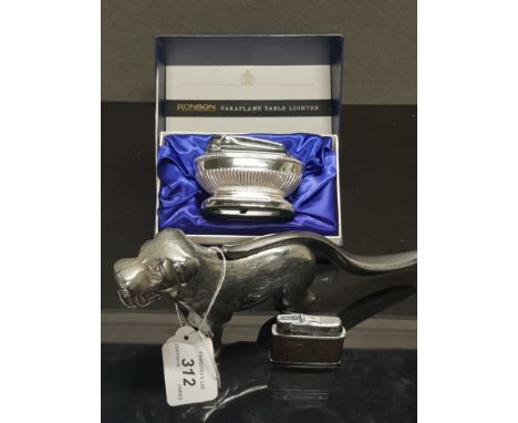 RONSON TABLE LIGHTER IN ORIGINAL CASE AND DOG NUTCRACKER PLUS ONE OTHER LIGHTER