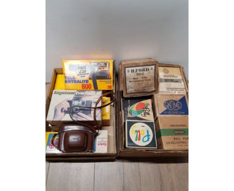 2 BOXES CONTAINING KODAK TELE EKTRALITE FLASH CAMERA AND ILFORD SOLO ROLL FILM DEVELOPING TANK ETC