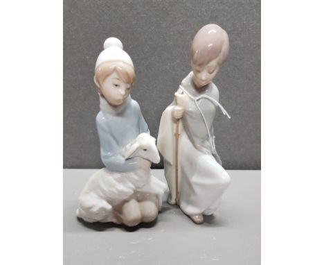 2 LLADRO FIGURES SHEPHERD HOLDING STICK AND GIRL WITH LAMB